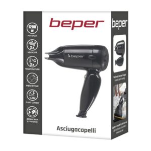 Secador de Pelo BEPER 40.405 Color Negro, de Viaje, Plegable, 1200W