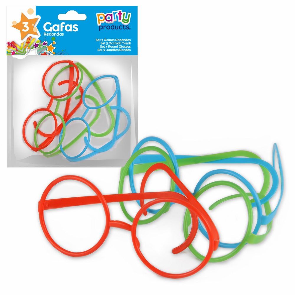 S/3 GAFA REDONDA S/3 GAFAS REDONDAS COLORES SURTIDOS: ROJO, VERDE, AMARILLO, AZUL Y AZUL CELESTE.