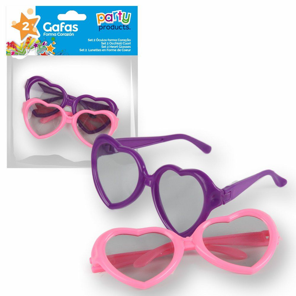 S/2 GAFA FORMA CORAZÓN S/2 GAFAS FORMA CORAZÓN COLORES SURTIDOS: LILA, ROSA Y ROJO.
