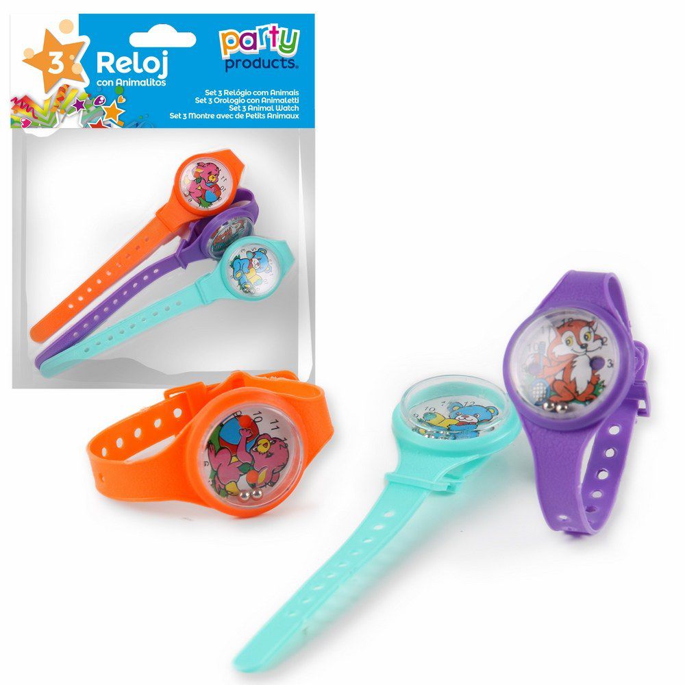 S/3 RELOJ CON ANIMALITOS S/3 RELOJ CON ANIMALITOS COLORES SURTIDOS: NARANJA, AZUL CELESTE, LILA Y VERDE. IMÁGENES SURTIDAS.