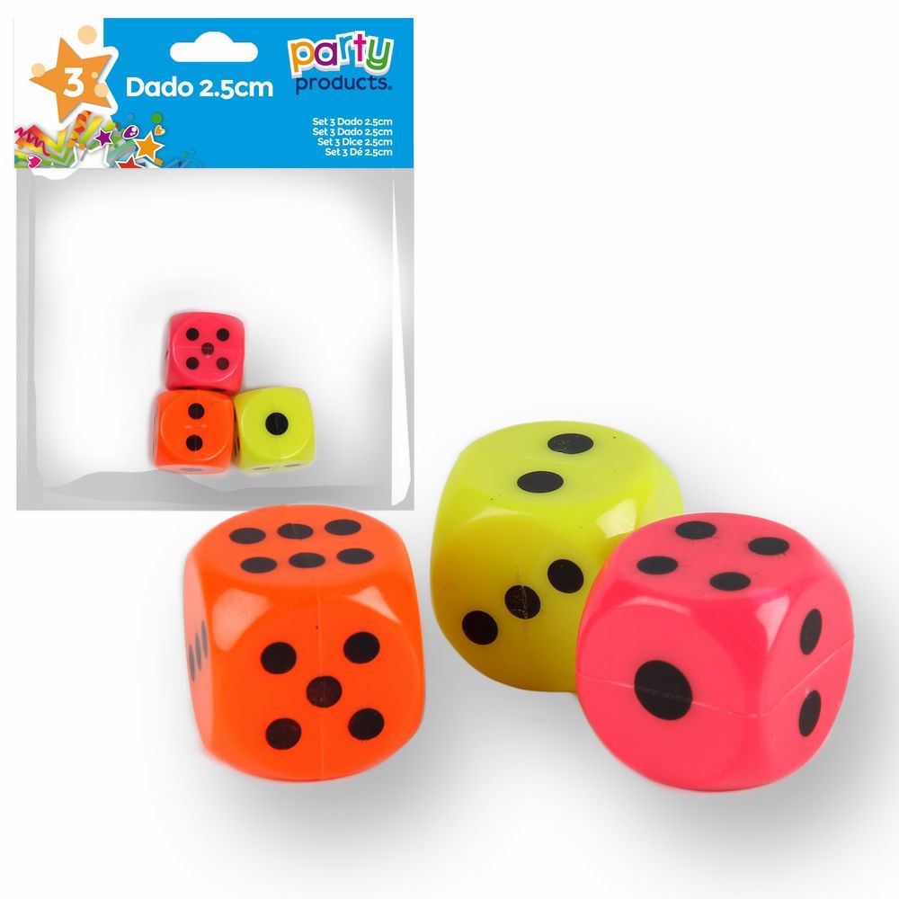 S/3 DADO 2,5 CM S/3 DADO 2,5 CM COLORES SURTIDOS: NARANGA, AMARILLO ROSA Y VERDE.