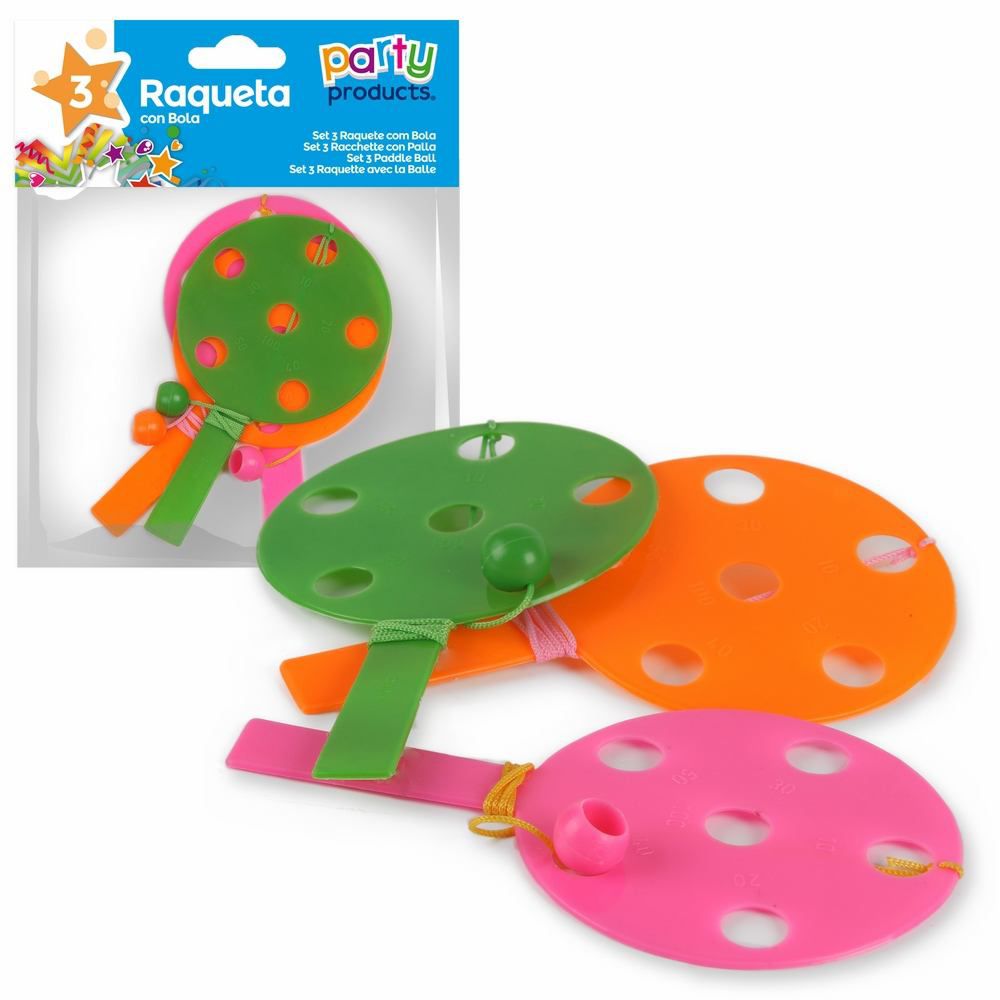 S/3 RAQUETA CON BOLA S/3 RAQUETA CON BOLA COLORES SURTIDOS: VERDE, NARANJA, ROSA Y AMARILLO.