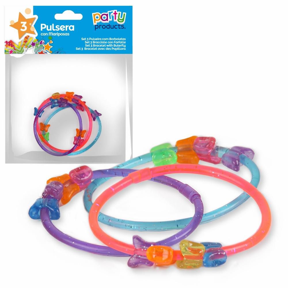 S/3 PULSERA CON MARIPOSAS S/3 PULSERA CON MARIPOSAS COLORES SURTIDOS: LILA, AZUL, ROSA Y AMARILLO.