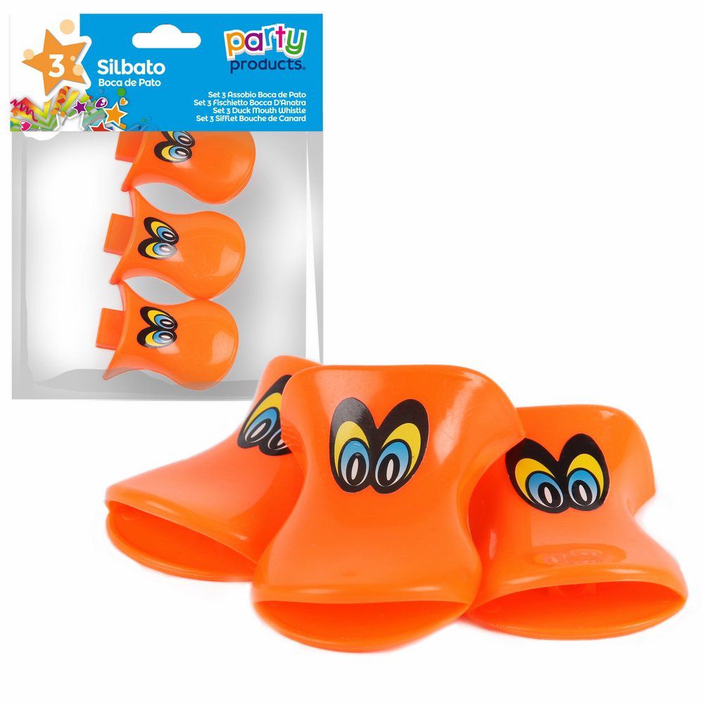 S/3 SILBATO BOCA DE PATO S/3 SILBATO BOCA DE PATO COLORES SURTIDOS: NARANJA, ROSA, VERDE, AZUL Y AMARILLO.