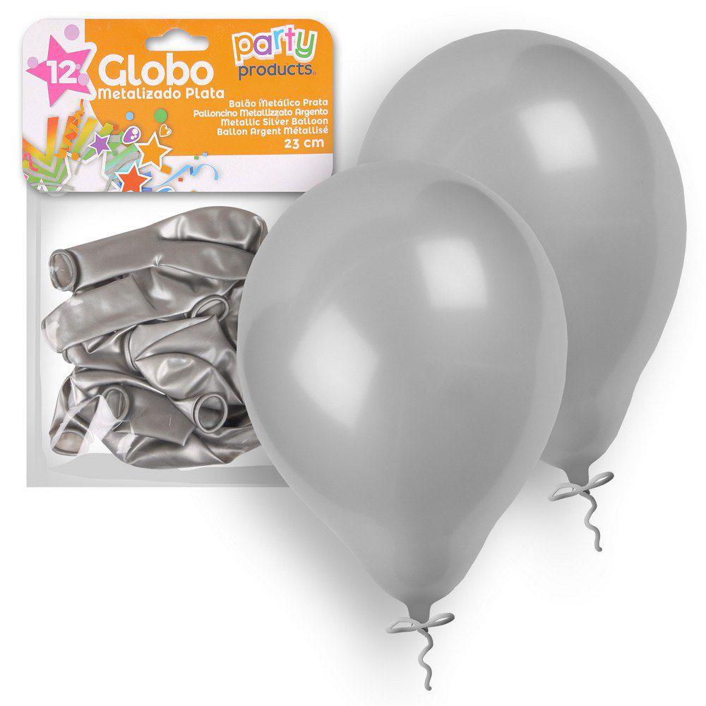 S/12 GLOBO METALIZADO PLATA 23 CM