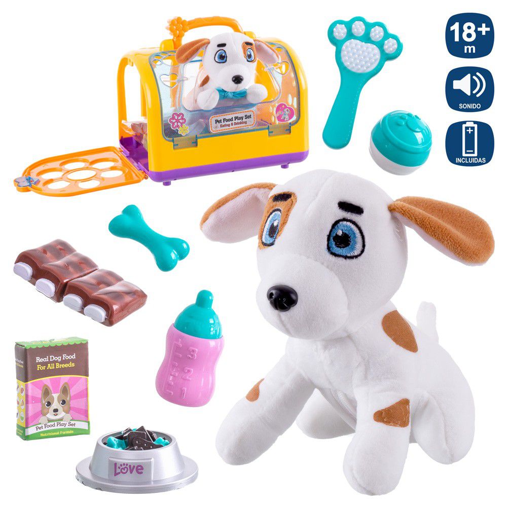 PERRO PELUCHE EN JAULA CON ACC TRY ME 20 CM CON ACCESORIOS- AL PESIONAR LADRA Y CANTA- JAULA 26X20X21 CM- FUNCIONA CON PILAS 3 AG13 INCLUIDAS