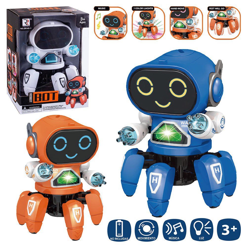 ROBOT PULPO 3/C ANDA LUZ Y SONIDO 14 X 14 X 17 CM FUNCIONA CON PILAS 3XAA (NO INCLUIDAS) -CAJA VENTANA 15X13 X21 CM