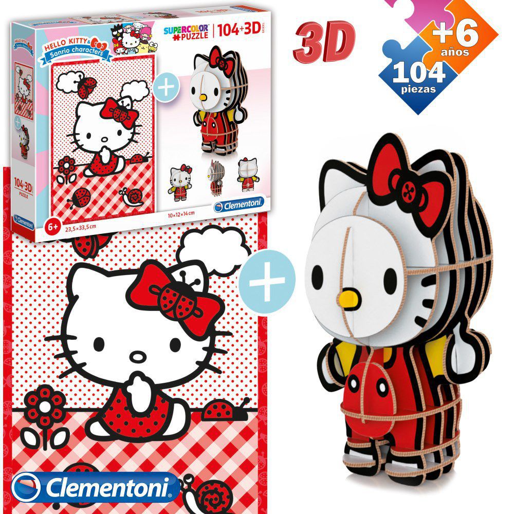 PUZZLE 104 PCS + FIGURA 3D HELLO KITTY CONTIENE FIGURA 3D PARA MONTAR - CAJA IMPRESA