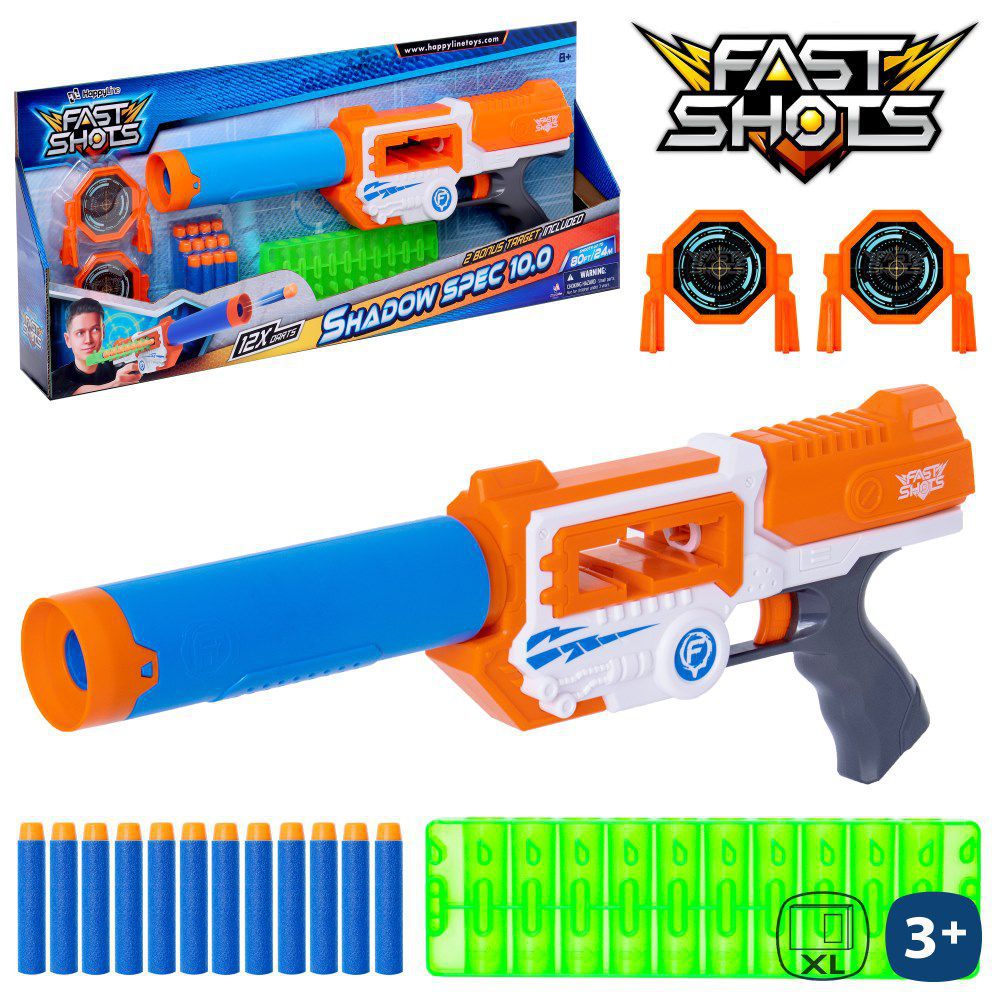 METRALLETA LANZADARDOS FAST SHOTS 62 X 24 X 7 CM INCLUYE CARGADOR 10 DIPAROS Y SILENCIADOR -INCLUYE 12 DARDOS FOAM+ 2 DIANAS CAJA ABIERTA