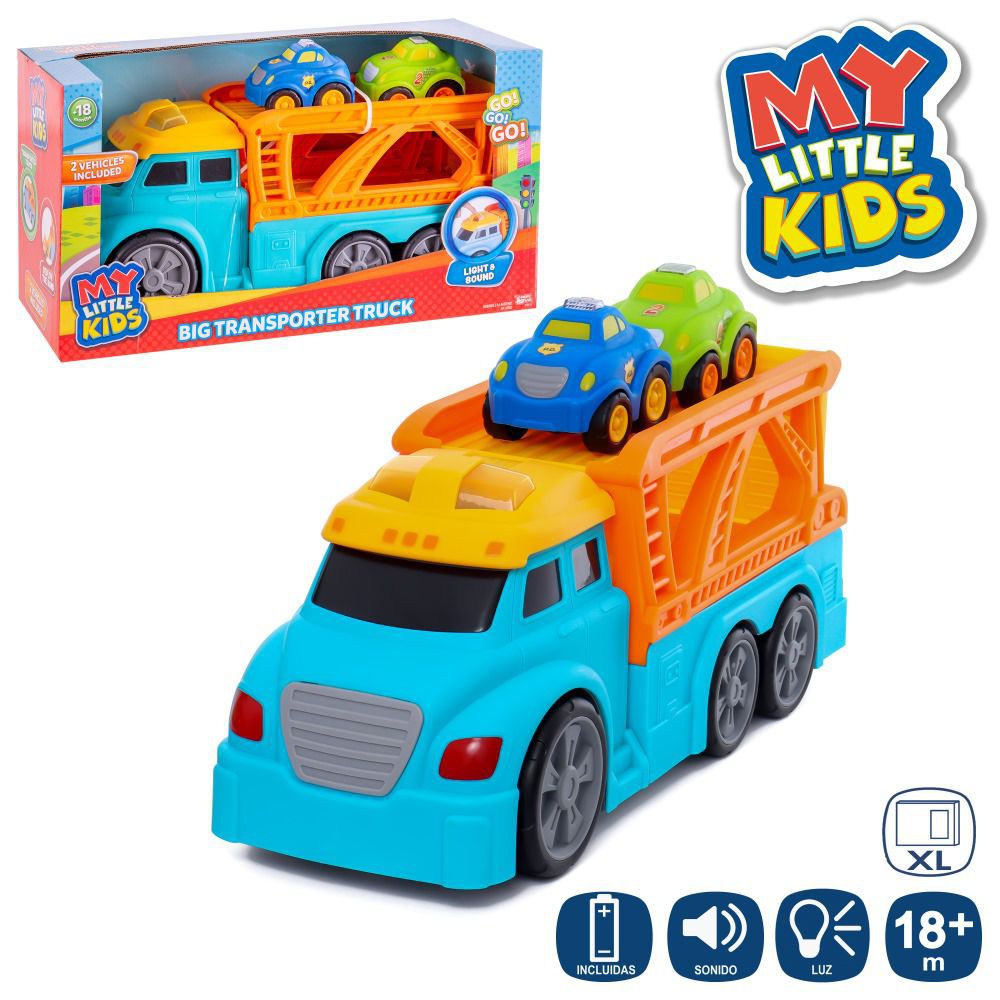 CAMIÓN REMOLQUE CON LUZ Y SONIDO 2/C 46,50 X 17 X 25 CM APTO NIÑOS +18 MESES- FUNCION PRUEBAME- INCLUYE DOS COCHES -PILAS INCLUIDAS- CAJA ABIERTA