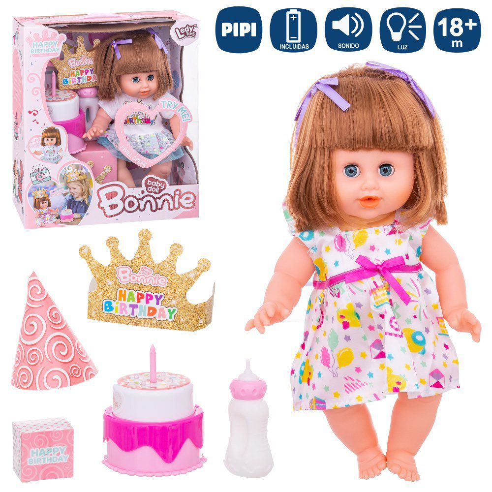 MUÑECA BONNIE HAPPY BIRTHDAY 2/M 35 CM INCLUYE TARTA CUMPLE CON LUZ , LA MUÑECA TIENE 12 SONIDOS, FUNCION PRUEBAME( PILAS INCLUIDAS) - CAJA VENTANA 30X13X36 CM