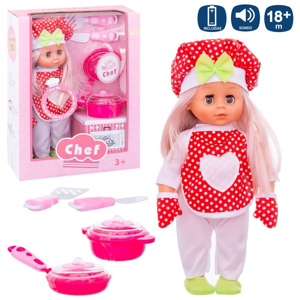 MUÑECA BONNIE PASTELERA 31 CM 12 SONIDOS , FUNCIÓN PRUEBAME (PILAS INCLUIDAS), CAJA VENTANA 25X10X35 CM