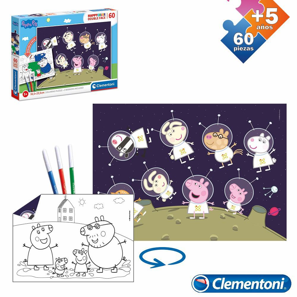 PUZZLE 60 PCS DOBLE CARA PEPPA PIG DOS EN 1, EN EL REVERSO SE PUEDE COLOREAR , INCLUYE 3 ROTULADORES- CAJA IMPRESA