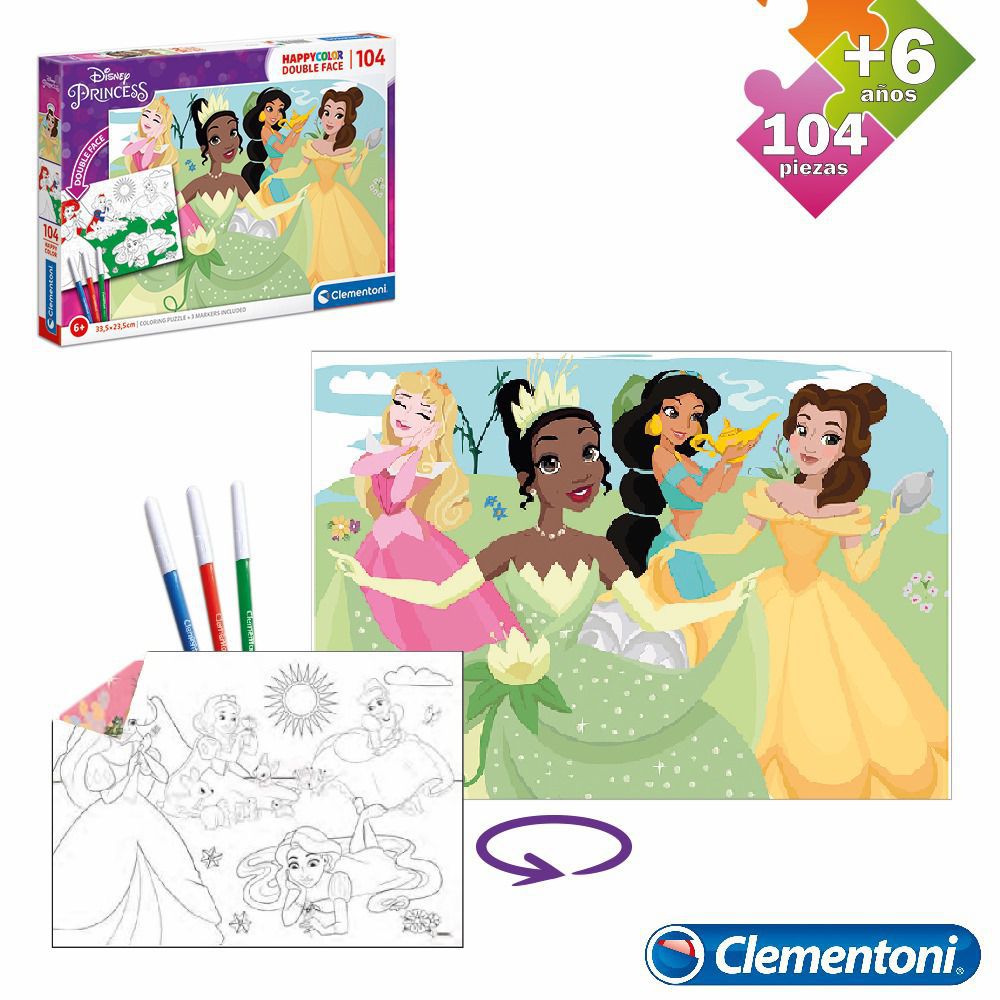 PUZZLE 104 PCS DOBLE CARA PRINC.DISNEY DOS EN 1, EN EL REVERSO SE PUEDE COLOREAR , INCLUYE 3 ROTULADORES- CAJA IMPRESA