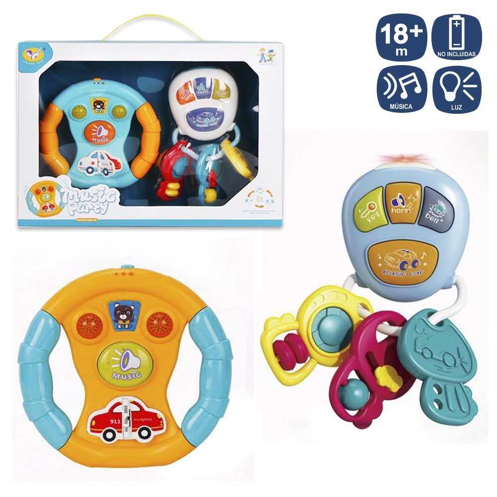 VOLANTE Y SONAJERO ACTIVIDADES 2/C 14 CM CON LUZ Y MÚSICA. FUNCIONA CON PILAS 2XAAA (NO INCLUIDAS). CAJA ABIERTA DE 18X6,5X21 CM.