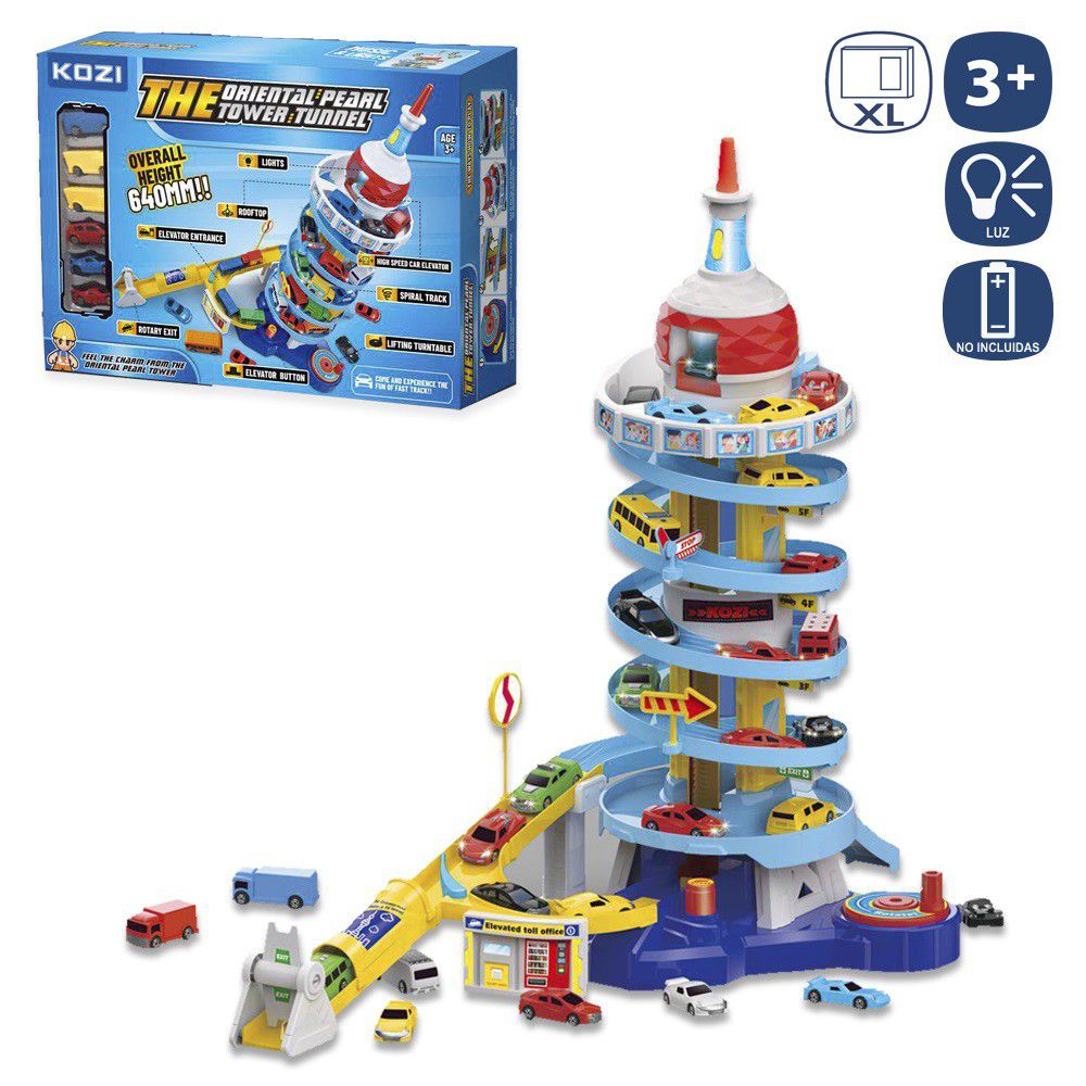 S/6 PARKING ESPIRAL CON LUZ Y SONIDO 52,50 X 33 X 63 CM INLCUYE 8 COCHES - FUNCIONA CON PILAS 3XAG13 (INCLUIDAS). CAJA VENATANA DE 59,5X13X41,5 CM.