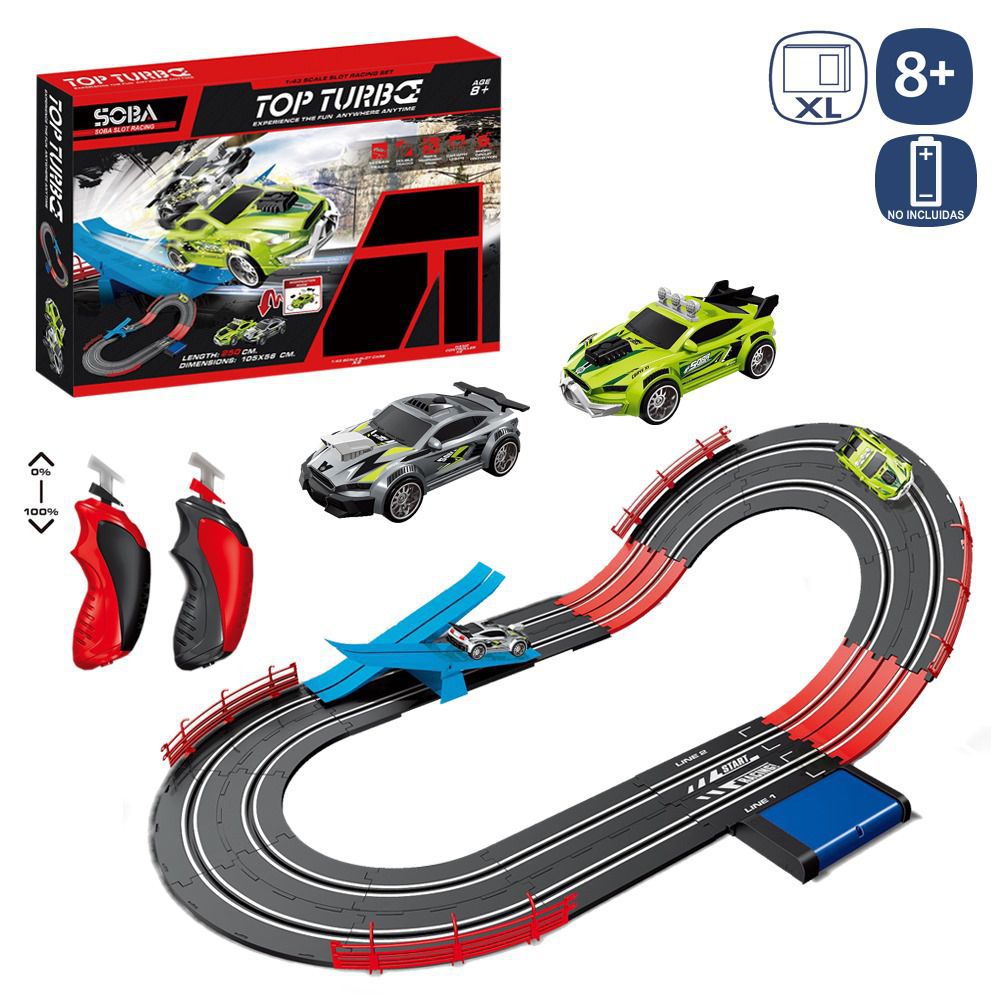PISTA MAGNÉTICA DIRIGIDA CABLE 250 CM INCLUYE 2 COCHES- MANDO DIRIGIDO CAMBLE-FUNCIONA CON PILAS 8XAA (NO INCLUIDAS). CAJA IMPRESA DE 58X40X6,5 CM.