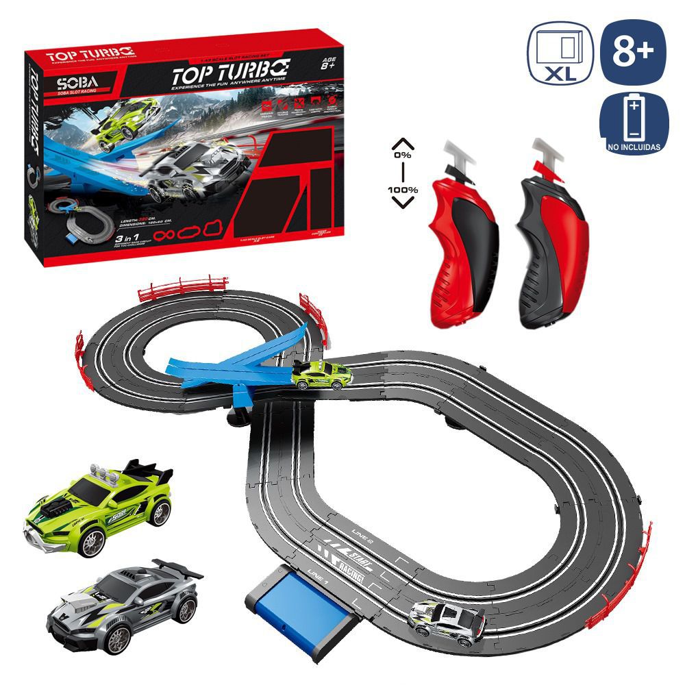 PISTA MAGNÉTICA DIRIGIDA CABLE 320 X 60 CM 3 POSICIONES DE PISTA- INCLUYE 2 COCHE -FUNCIONA CON PILAS 8XAA (NO INCLUIDAS). CAJA IMPRESA DE 64,5X40X6,5 CM.