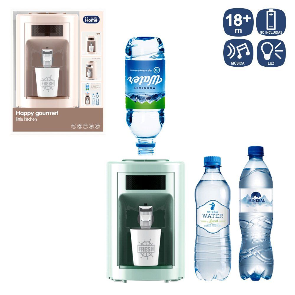 DISPENSADOR AGUA CON ACCESORIOS 2/M 11,20 X 11,20 X 30,20 CM CON LUZ Y SONIDO. FUNCIONA CON PILAS 2XAA (NO INCLUIDAS). CAJA VENTANA DE 16,5X12,2X21,5 CM.