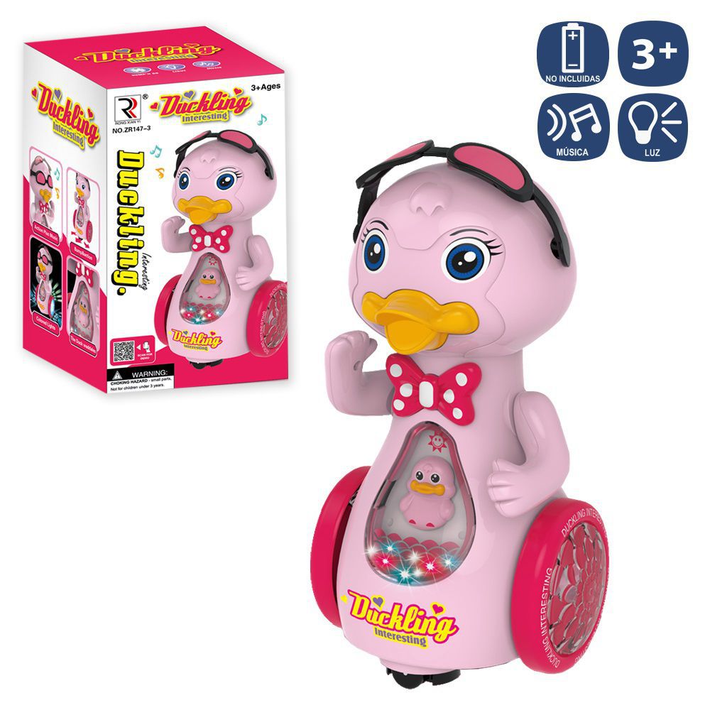 PATO MOVIMIENTO, LUZ Y SONIDO ROSA 20,50 CM CON LUZ Y MÚSICA. FUNCIONA CON PILAS 3XAA (NO INCLUIDAS). CAJA IMPRESA DE 12,2X11,8X21,8 CM.