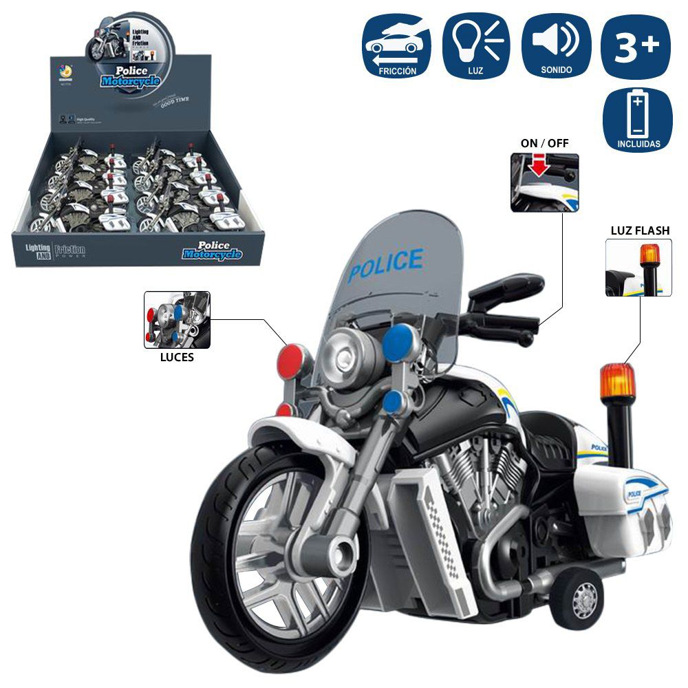 MOTO POLICÍA CON LUZ Y SONIDO 16,20 X 9,60 CM INCLUYE 3 PILAS AG13- CAJA EXPOSITORA