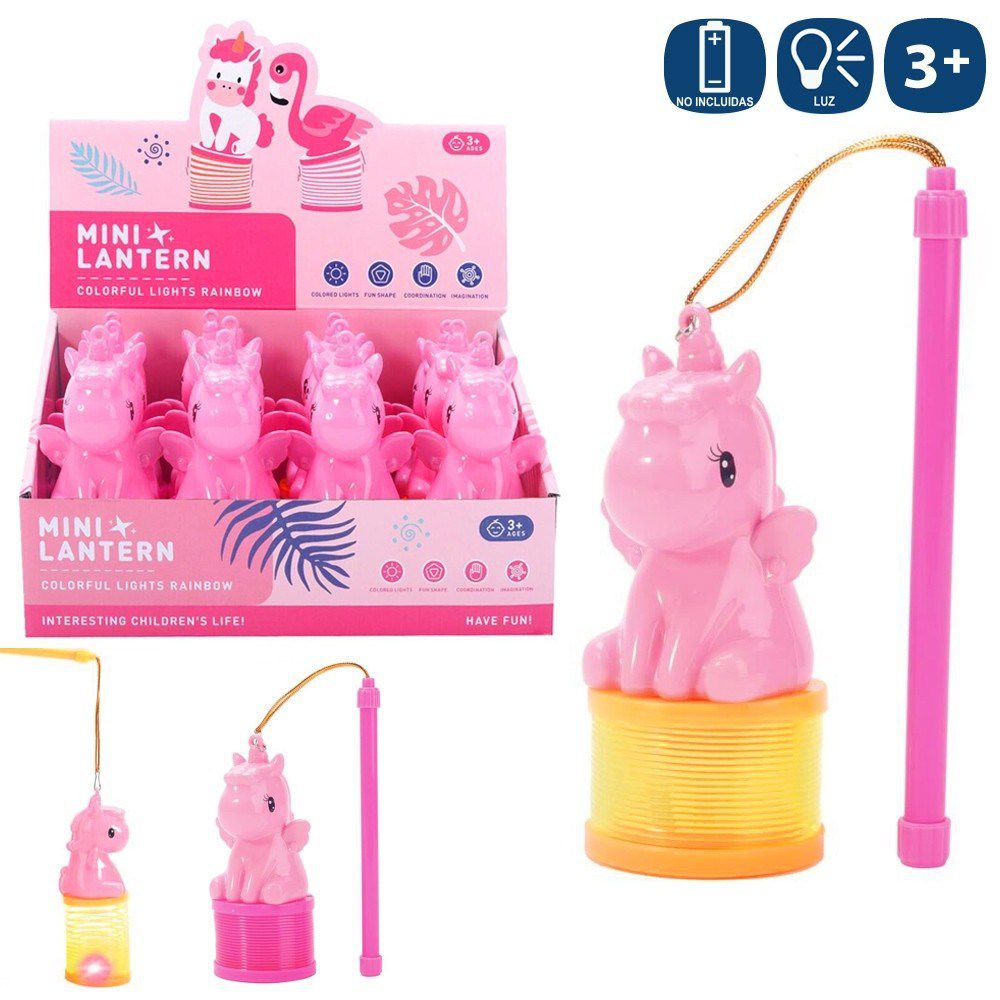 MUELLE LINTERNA UNICORNIO 4/C 5,50 X 5,50 X 13 CM CON LUZ INCLUYE 3 PILAS AG3 NO INCLUIDAS - CAJA EXPOSITORA 12 UNIDADES
