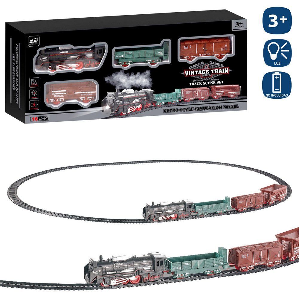 PISTA TREN LOCOMOTORA + 3 VAGONES 87 X 68 CM ELÉCTRICO FUNCIONA CON PILAS 2XAA NO INCLUIDAS- CAJA VENTANA 41X5X17 CM