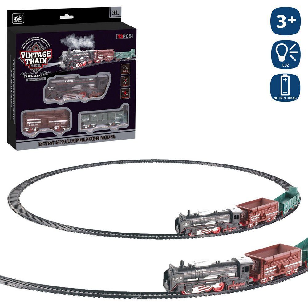 PISTA TREN LOCOMOTORA + 2 VAGONES 68 X 68 CM ELÉCTRICO FUNCIONA CON PILAS 2XAA NO INCLUIDAS- CAJA VENTANA 25X5X22 CM