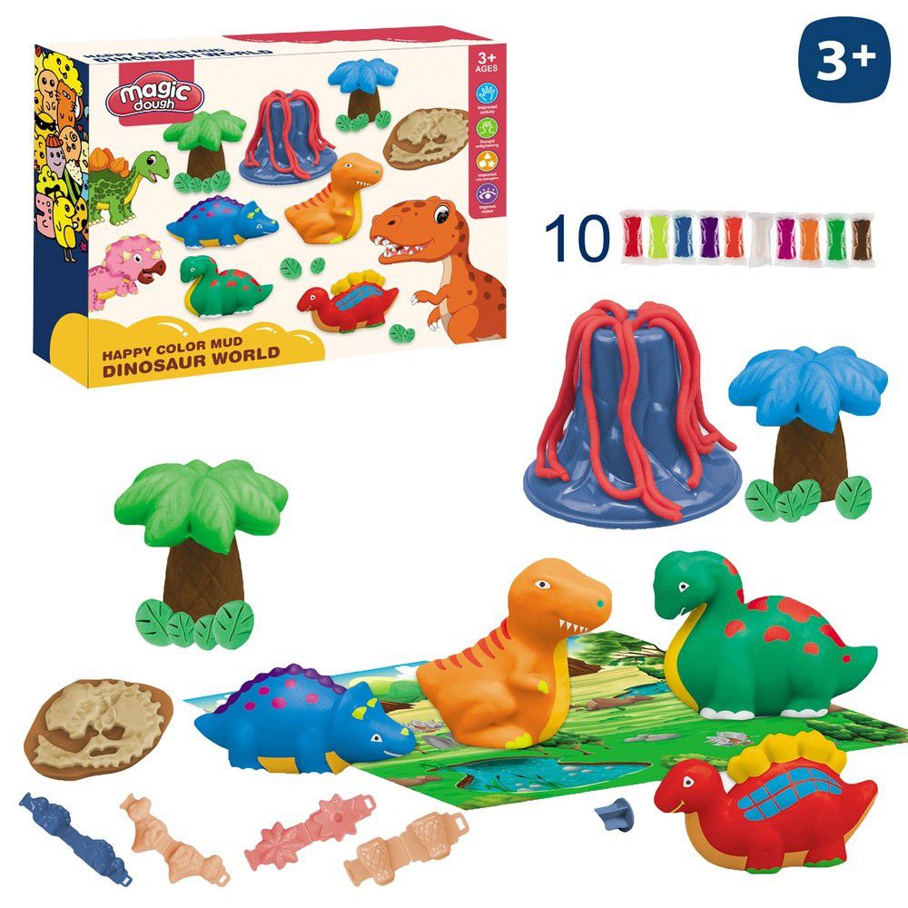 CONJUNTO PLASTILINA DINOSAURIOS 5,70 X 5,70 X 4,50 CM INCLUYE 10 PASTILLA PLASTILINA Y ACCESORIOS - CAJA LITO GRAFIADA 30X8X24 CM