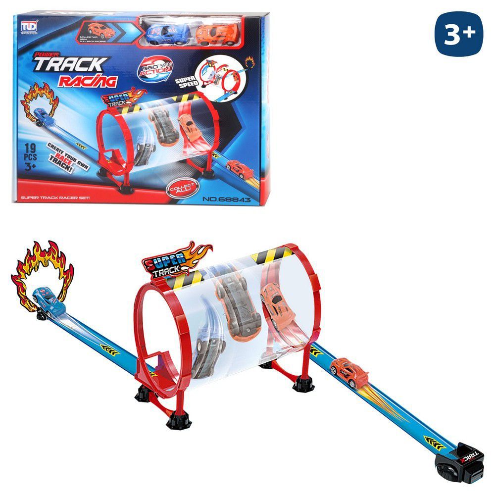 PISTA LOOPING TUBO 140 X 33 X 23 CM INCLUYE 2 COCHES SUPER RETROFRICCION - CAJA VENTANA 39X6X30 CM