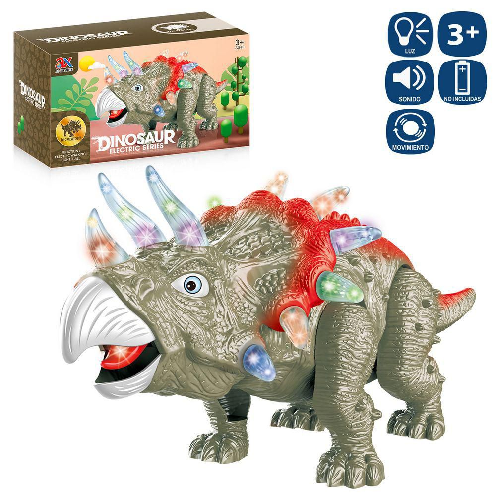 DINO. TRICERATOPS ANDA LUZ Y SONIDO 37 X 14 X 15 CM FUNCIONA CON PILAS 3XAA NO INCLUIDAS - CAJA LITOGRAFIADA 27X14X15 CM