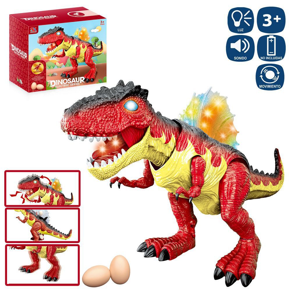 DINO. TIRANOSURIO REX ANDA LUZ Y SONIDO 44 X 11 X 27 CM PONE HUEVOS - FUNCIONA CON PILAS 3XAA NO INCLUIDAS - CAJA LITOGRAFIADA 30X25X14 CM
