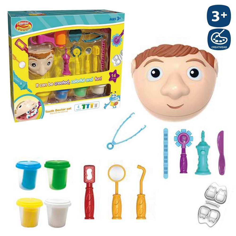 CONJUNTO PLASTILINA DENTISTA 10,50 X 9 X 6,50 CM INCLUYE 4 BOTES PLASTILINA Y ACCESORIOS - CAJA VENTANA 36X29 CM