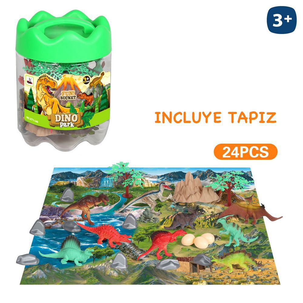 S/24 DINOSAURIOS CON ACCESORIOS PVC 14 CM INCLUYE TAPIZ - TAMBOR PLASTICO CON ASA 15 CM DIA X 20 CM ALTO