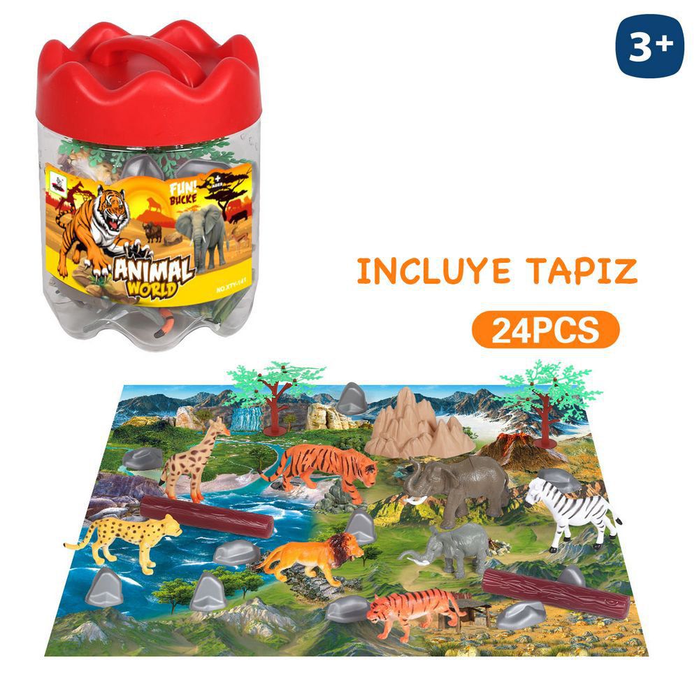 S/24 ANIMALES SELVA CON ACCESORIOS PVC 10 CM INCLUYE TAPIZ - TAMBOR PLASTICO CON ASA 15 CM DIA X 20 CM ALTO