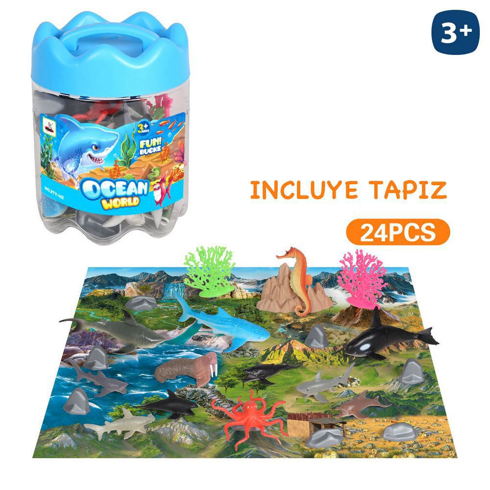 S/24 ANIMALES MARINOS CON ACCESORIOS PVC 10 CM INCLUYE TAPIZ - TAMBOR PLASTICO CON ASA 15 CM DIA X 20 CM ALTO