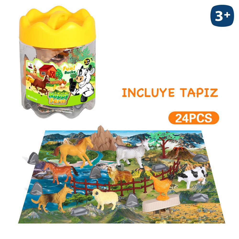 S/24 ANIMALES GRANJA CON ACCESORIOS PVC 9 CM INCLUYE TAPIZ - TAMBOR PLASTICO CON ASA 15 CM DIA X 20 CM ALTO