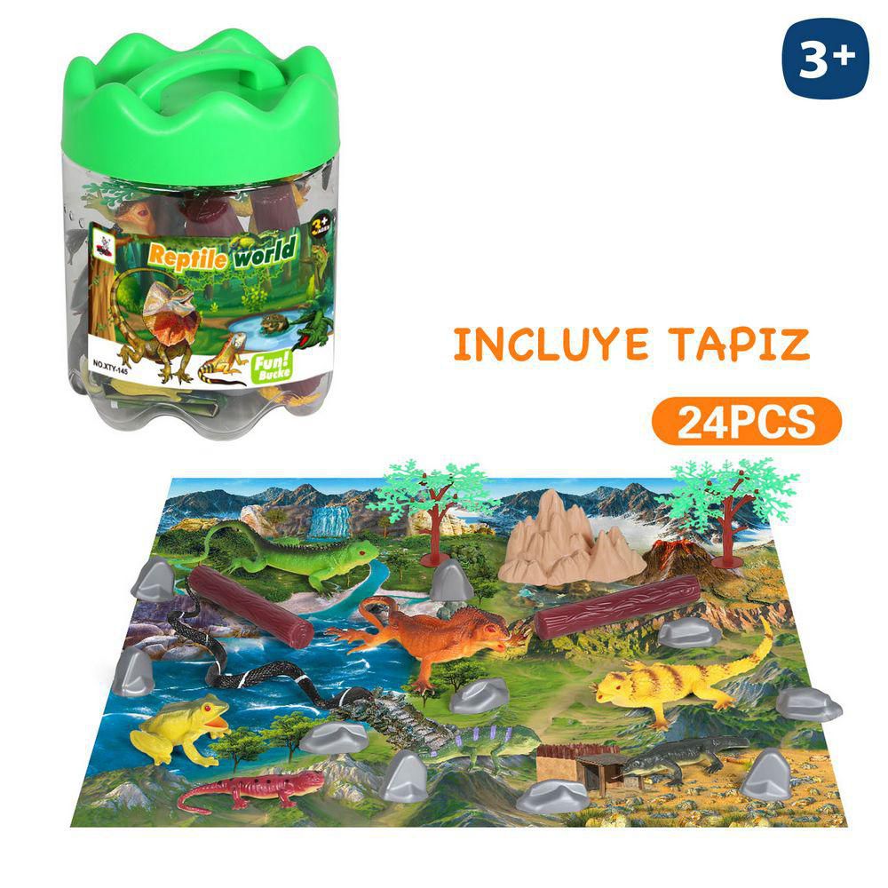 S/24 REPTILES CON ACCESORIOS PVC 10 CM INCLUYE TAPIZ - TAMBOR PLASTICO CON ASA 15 CM DIA X 20 CM ALTO