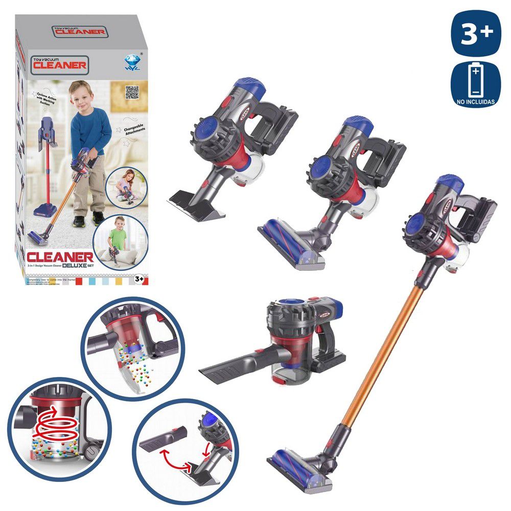 ASPIRADORA ELÉCTRICA CON MÁSTIL 78,50 X 17 CM REGULABLE EN LONGITUD -INCLUYE 2 BOCAS - FUNCIONA CON PILAS 3XAA ( NO INCLUIDAS) CAJA LITORGRAFIADA 21X10X44 CM