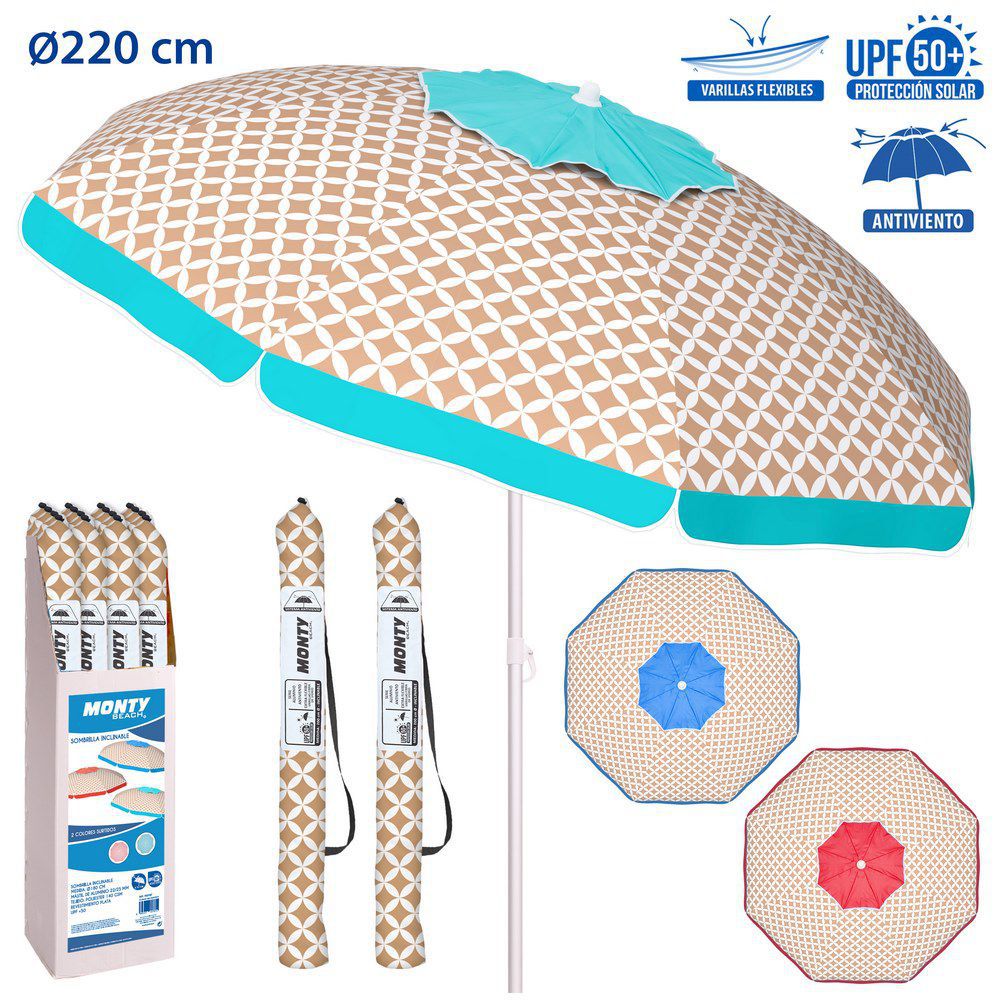 SOMBR.ANTIV.VARI.FIBRA VIDRIO MOSAIC 3/C 220 CM CAJA EXPOSITORA - VARILLAS FIBRA VIDRIO- CUBIERTA PLATEADA PROTECCIÓN UPF +50 OXFORD140 GSM - TUBO 28/32 ALUMINIO- INCLINABLE-