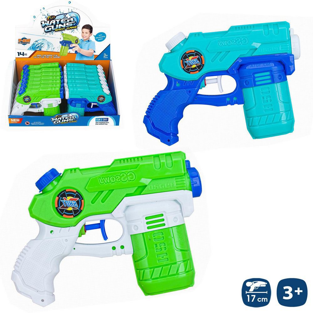 PISTOLA AGUA CARGADOR 2/C 17 CM CAJA EXPOSITORA 14 UDS