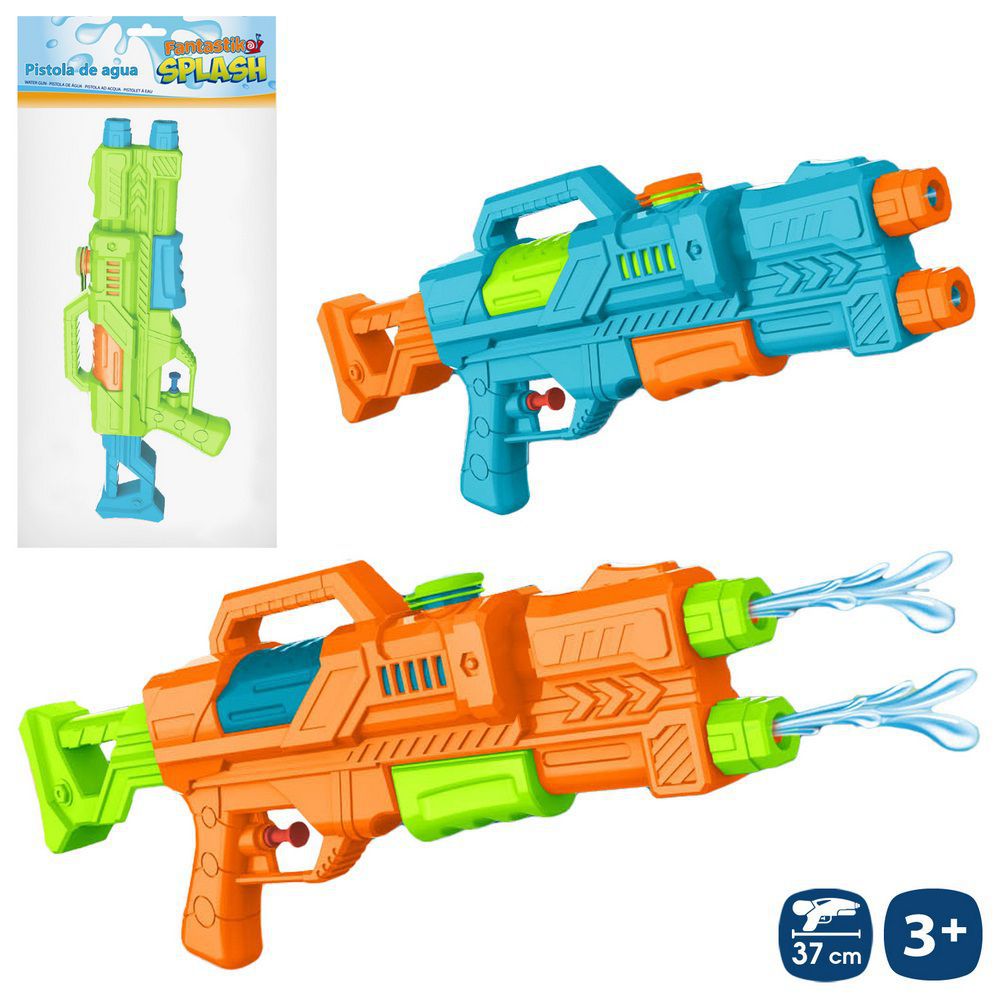 PISTOLA AGUA DOBLE CHORRO 2/C 37 CM BOLSA PESTAÑA