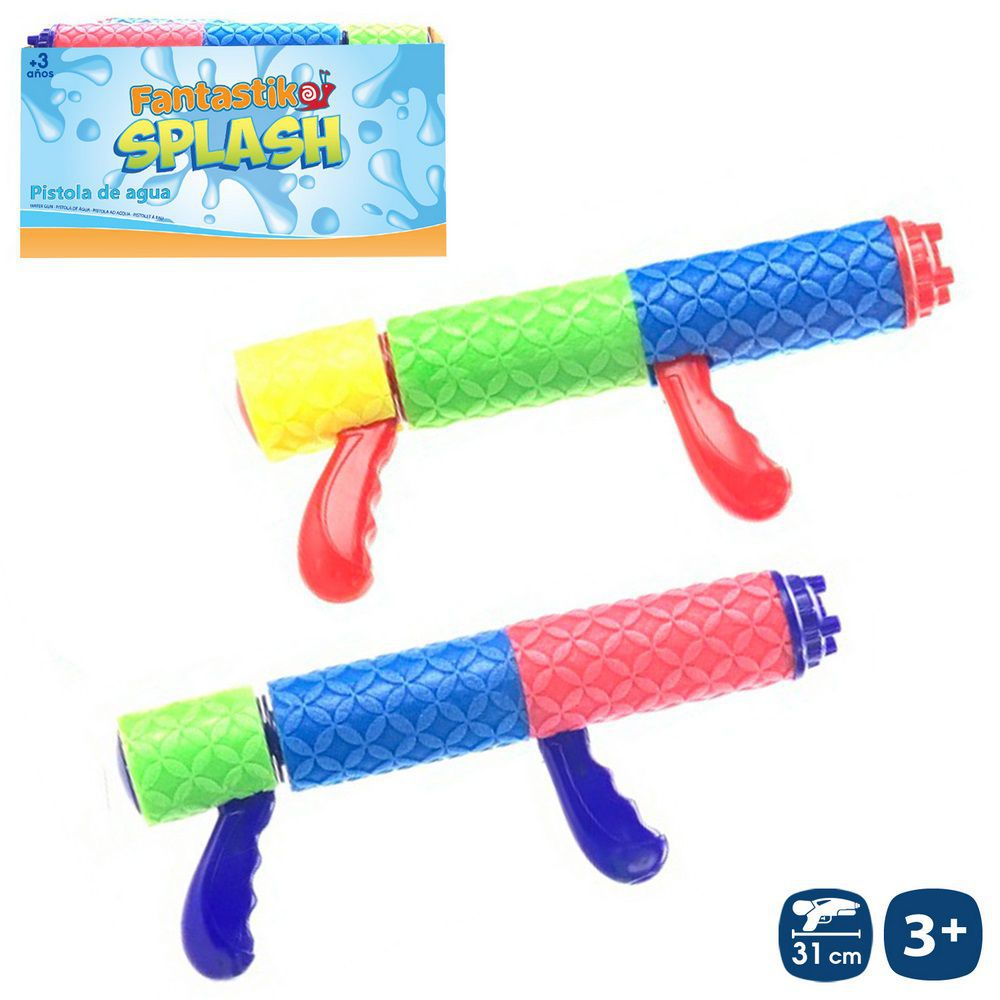 PISTOLA AGUA FOAM DOBLE MANGO 2/C 31 X 5 X 5 CM CAJA EXPOSITORA 14 UDS