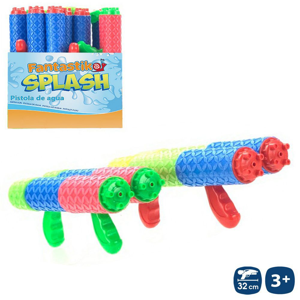 PISTOLA AGUA FOAM DOBLE TUBO M.DOBLE 2/C 32 X 5 X 5 CM CAJA EXPOSITORA 8 UDS