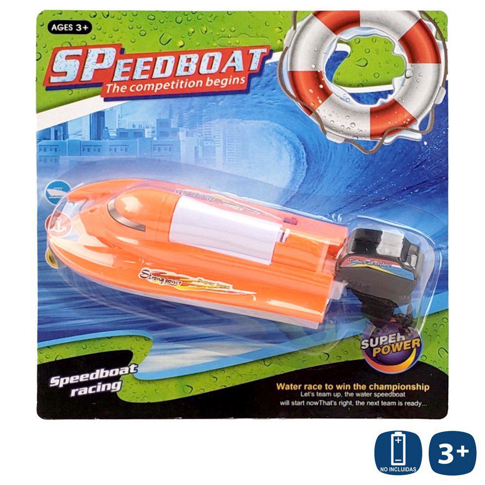 LANCHA MOTORA ELÉCTRICA 2/C 22 X 8 X 6 CM FUNCIONA CON 2 PILAS AA NO INCLUIDAS BLISTER 25X26 CM