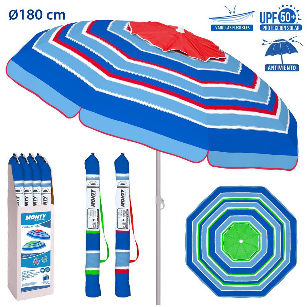 SOMBR.ANTIV.VARI.FIB. M. ACERO STRIPE 180 CM MÁSTIL ACERO 22/25 INCLINABLE -CAJA EXPOSITORA- VARILLAS FIBRA VIDRIO 4MM -REVESTIMIENTO PLATEADO PROTECCIÓN UPF +50 OXFORD 140