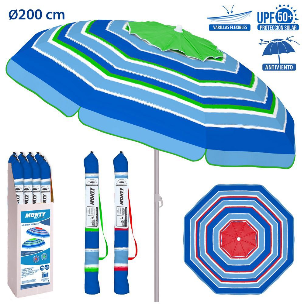 SOMBR.ANTIV.VARI.FIB. M. ACERO STRIPE 200 CM MÁSTIL ACERO 22/25 INCLINABLE -CAJA EXPOSITORA- VARILLAS FIBRA VIDRIO 5MM -REVESTIMIENTO PLATEADO PROTECCIÓN UPF +50 OXFORD 140