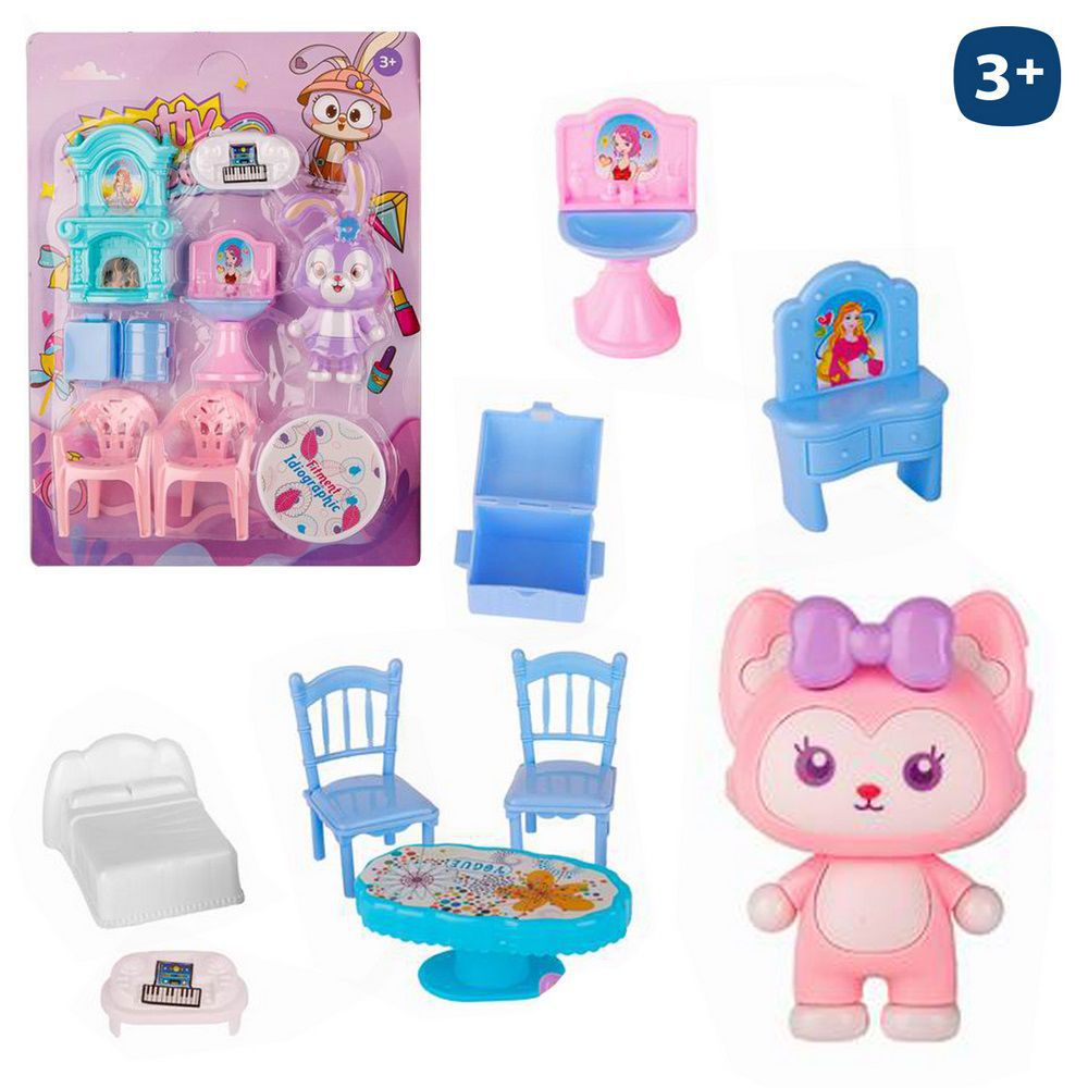 FIGURA MASCOTA PRETTY GIRL 2/M 11,50 CM CON ACCESORIOS MOBILIARIO - BLISTER 21X28 CM