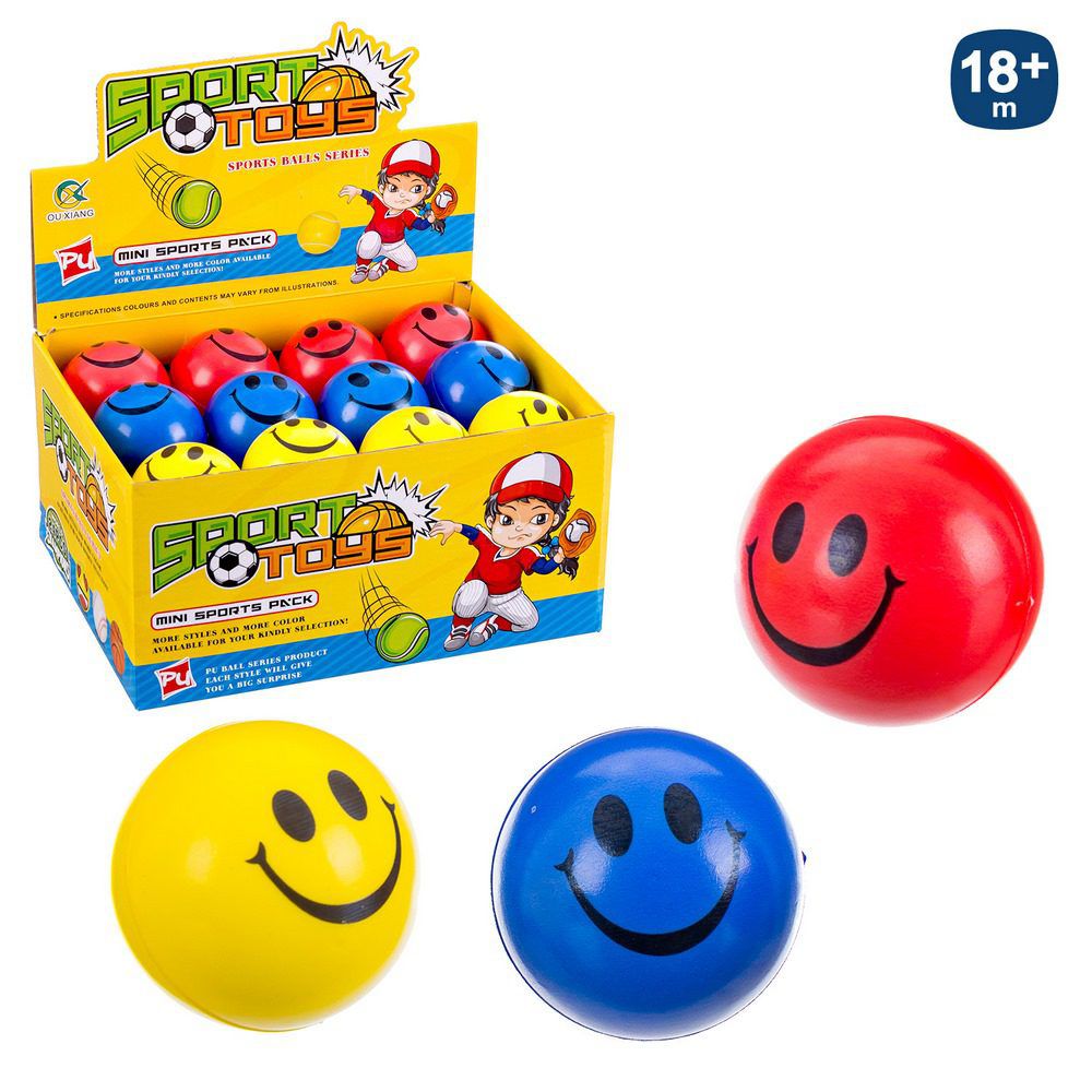 PELOTA FOAM EMOTICIONO 3/C 6,30 CM CAJA EXPOSITORA 24 UDS