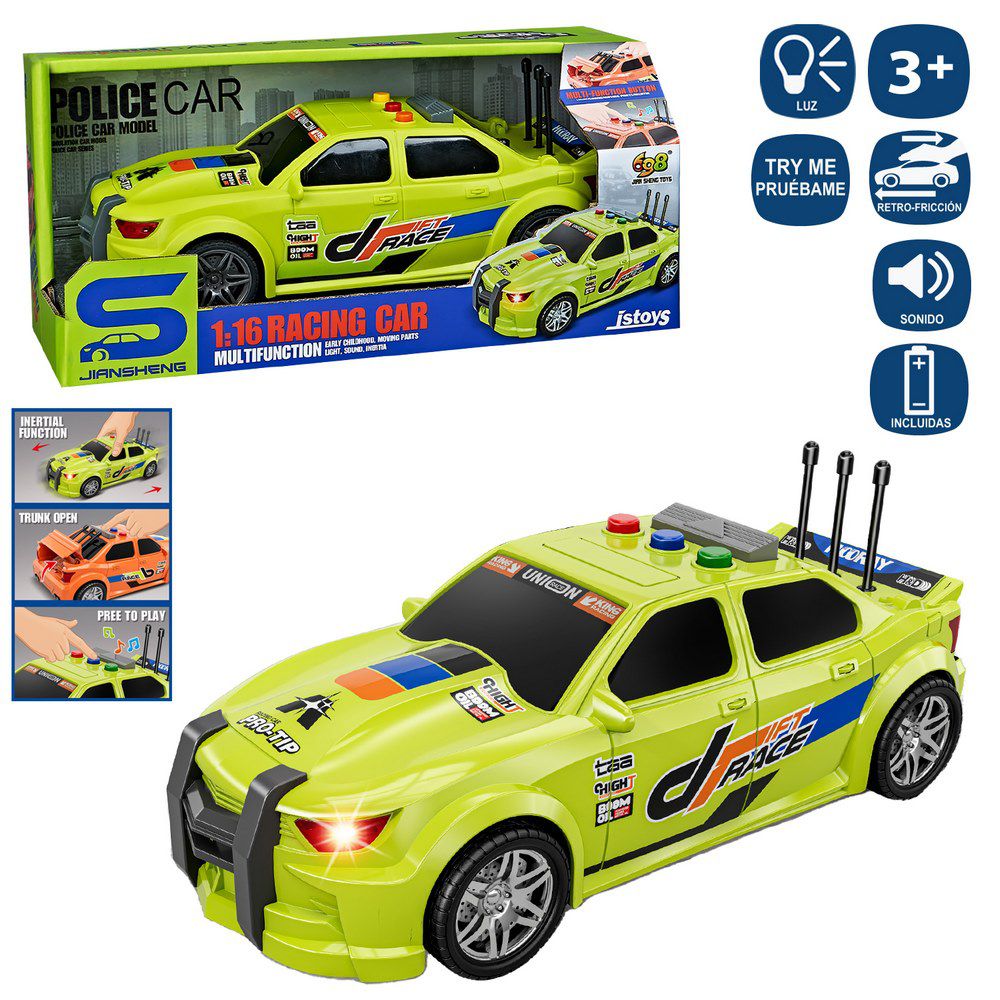 COCHE FRICCIÓN CON LUZ Y SONIDO 2/C 25 CM FUNCIÓN PRUEBAME - FUNCIONA CON PILAS 3XLR44 NO INCLUIDAS- CAJA ABIERTA 28X13 CM